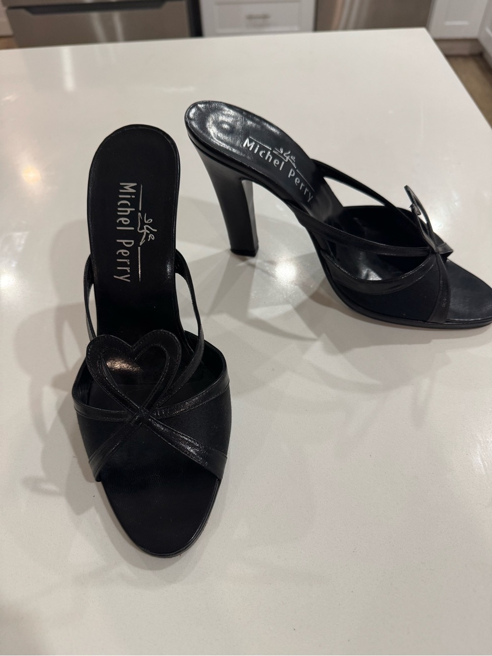 Michel Perry Black Heart-Strap High Heel Slide Sandals